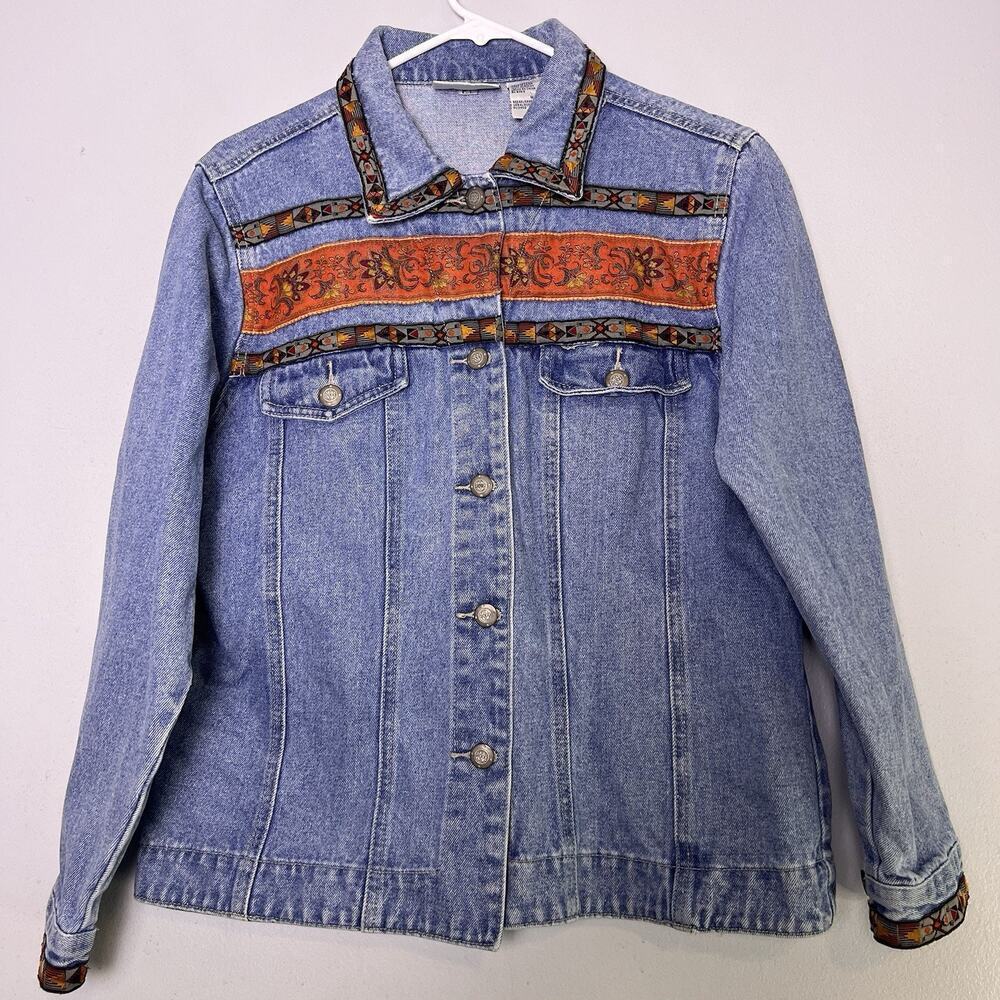 Vintage Bill Blass Jeans Jacket Women's Medium Denim Embroidered Southwestern